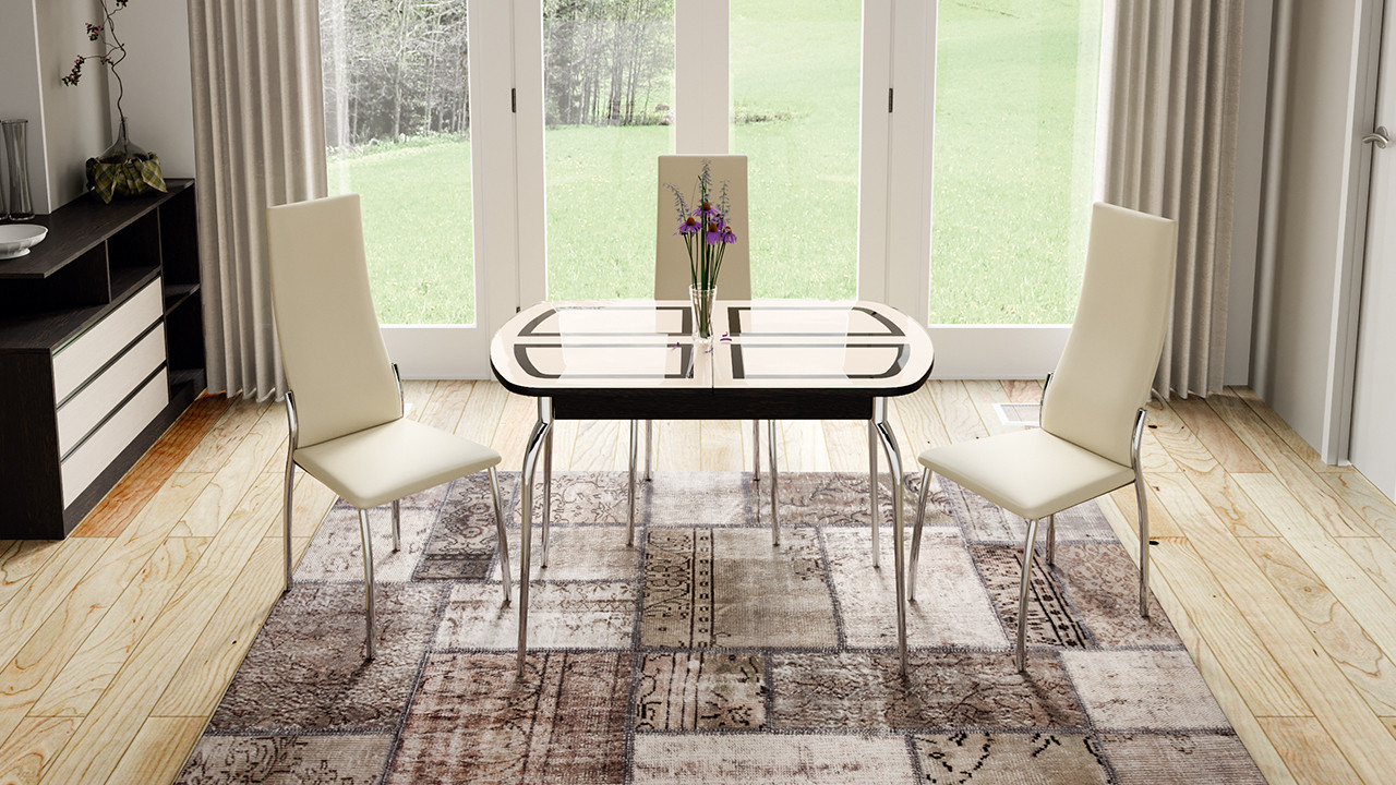 Стол Обеденный Раздвижной со Стеклом «Рио» (Венге/Стекло бежевое с рисунком)/Ш-700 x Д-1100/1450 мм x В-750 мм